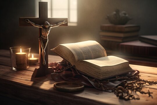 The crucifix image and candle light are nearly an open Bible on the table. Generative AI