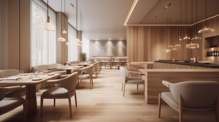 Fototapeta na wymiar A modern and minimalist restaurant, counter bar and marble floor. The decor is sleek and minimalist, with a smoothing color. Generative AI