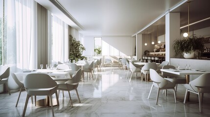 A modern and minimalist restaurant, counter bar and marble floor. The decor is sleek and minimalist, with a smoothing color. Generative AI