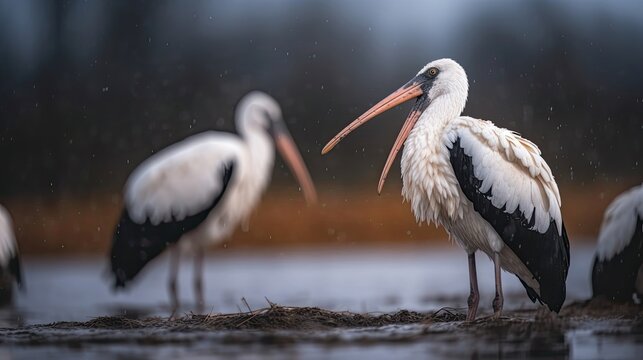 close up white stork bird in the river with blurred background