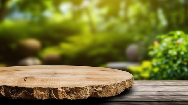 A wooden wooden table on the table garden background in spring, Mock up for display of product Generative AI