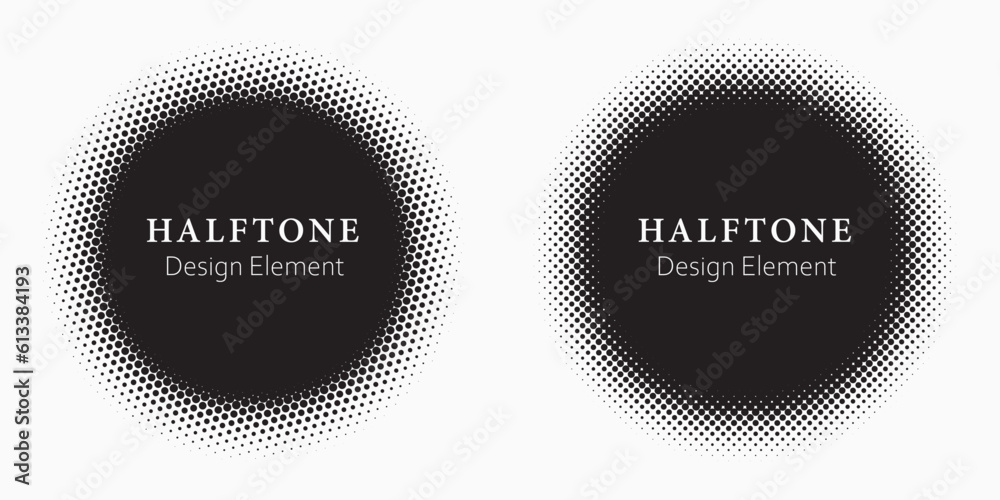 Poster Halftone circle frame background set. Round border Icon using halftone random circle. Grunge circular stain. Vector illustration.