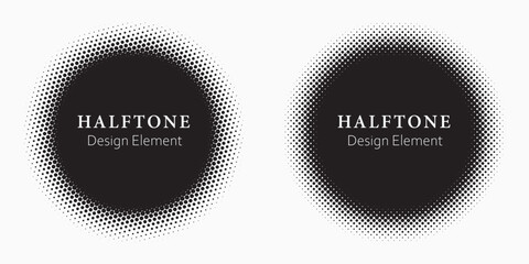 Halftone circle frame background set. Round border Icon using halftone random circle. Grunge circular stain. Vector illustration.