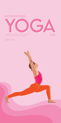 International Yoga Day. Yoga body pose, a group of women practicing yoga. Vector illustration for vertical greeting banner, fitness club web site, invitation to exercise and improve health