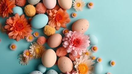 Naklejka na ściany i meble Happy Easter Day concept design of colorful eggs and flowers on pastel background