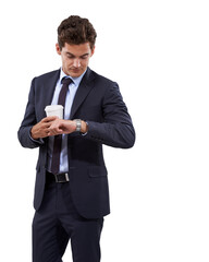 Business man, watch and running late isolated on a transparent, png background. Coffee, professional and checking clock with a young male employee with hot drink and corporate suit with style