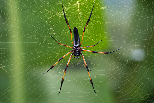Seychelles palm spider on the web, beautiful black and gold colour, closeup shot, Mahe Seychelles 2