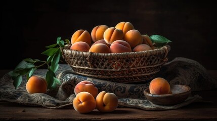 Apricot fruits in a bamboo basket with blur background
