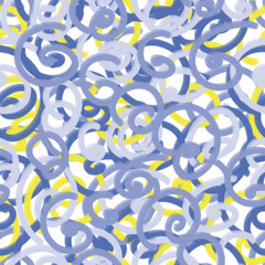 Hand Drawn Creative Abstract Seamless Pattern. Fun Colorful Doodle Lines on Blue Background. Trendy Digital Paper in Abstract Style Art.