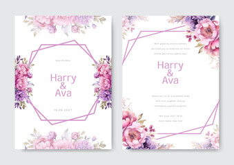 Wedding invitation card template set with soft floral and watercolor background. Beautiful roses invitation card design.