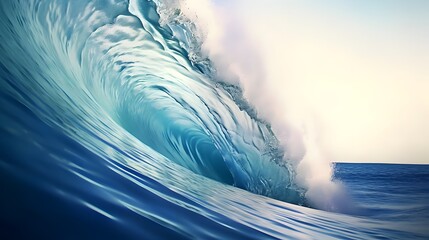 CLOSE UP Beautiful deep blue tube wave in the Pacific curls on a sunny day, Summer Tropical Wave, AI generative