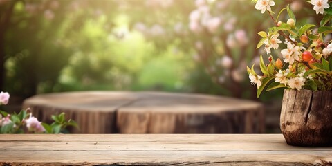 Abstract beautiful garden table setting with nature's delights and flowers. Background for summer