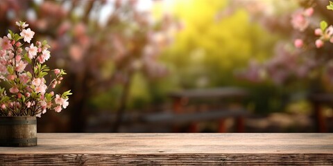 Abstract beautiful garden table setting with nature's delights and flowers. Background for summer