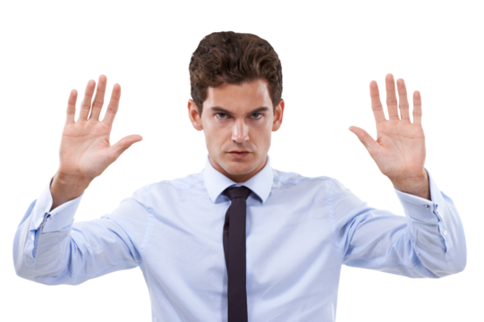 Portrait of businessman, stop and hand gesture for warning, danger or rejection isolated on transparent png background. Risk, doubt and angry man with hands up, no and compliance for job regulations.