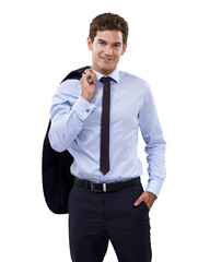 Business man, smile in portrait and pride with confidence, ambition and career isolated on transparent png background. Corporate, male boss and job satisfaction with professional mindset and success