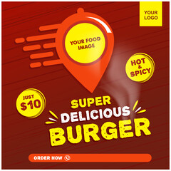 Fototapeta premium Online Food Delivery, Fast Food templates, burger. Red Abstract background Vector template Social Media 