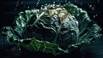 Fototapeta premium Cabbage hit by splashes of water with black blur background and perfect viewing angle