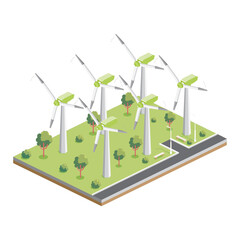 Wind Turbines Farm. Isometric Power Generator. Clean Eneergy.