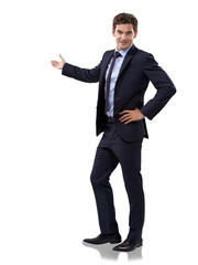 Portrait of businessman showing presentation isolated on transparent png background, deal and promo at tradeshow. Smile, ideas and man pointing, startup proposal with information review or feedback.