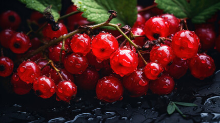 Fresh Red Ribes with water drops on dark background 