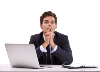 Laptop, portrait and thinking business man, brainstorming consultant or financial advisor problem solving project report. Solution idea, finance plan or person isolated on transparent, png background