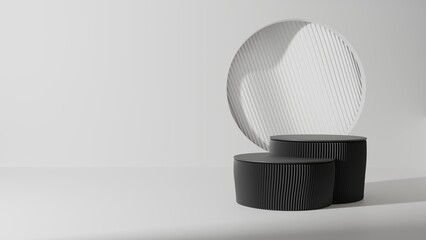 Black empty podium or pedestal for product presentation on two floors, showcase of beauty and cosmetics product. Mockup platform. 3d rendering