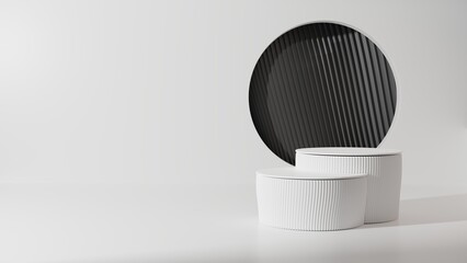 White empty podium or pedestal for product presentation on two floors, showcase of beauty and cosmetics product. Mockup platform. 3d rendering