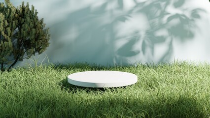 3D display podium with natural green grass and sun shadow. Nature minimal pedestal, beauty, cosmetic product presentation. Spring, summer landscape banner template. 3d rendering.