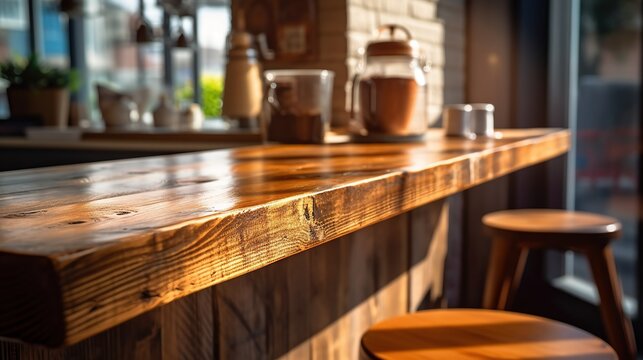 An empty, wooden table behind the counter in a coffee shop Generative AI