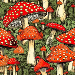 Amanita mushrooms seamless repeat pattern [Generative AI]
