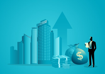 Business concept illustration of a businessman checking corporate assets, financial planning concept