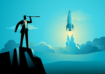 Vector illustration shows a businessman looking through a telescope seeing a rocket launch from a distance, concept for start-up business, new product on a market