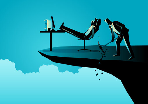 Businessman with pick axe digging the edge of rock to make his colleague fall. Sabotage, competition concept