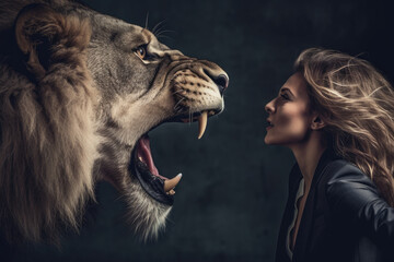 Generative AI - Resilient Business Woman Facing an Old Lion