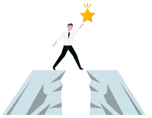 businessman is jumping to reach the star. Man in suit jumping over the cliffs. Vector illustration 