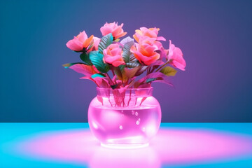 Bouquet Roses in  vase, light neon cyber pink light . Modern love.