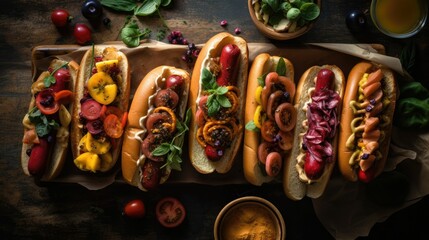 close up hotdog with full ingredients and mayonnaise on wood plate and blurred background