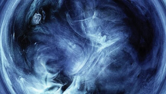Vapor swirl. Round frame. Ink water. Astrology occult. Blue color steam flow glitter smoke circle vortex motion on dark abstract opener background.