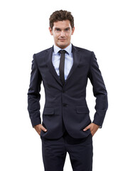Business man, job portrait and professional style isolated on a transparent, png background. Corporate employee, worker and male person with success and confidence in suit ready to work with smile