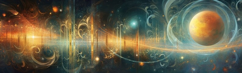 Abstract fractal fantasy light in space. Orbital planet, moon, stars, and astronomy. Texture lights and color background. Geometric nebula.