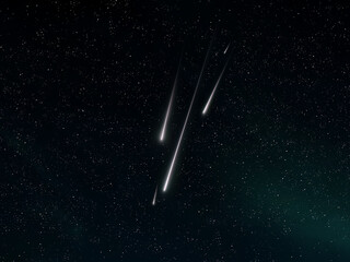Beautiful meteor trails. Meteoroids fly nearby against the background of stars. Meteorites glow at...