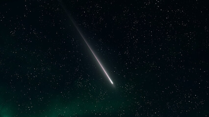 Long trail of a meteorite in the sky. Meteoroid against the background of stars. Glow of bright meteor at night.