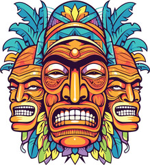 tiki festival, tiki mask vector illustration, tiki masks for t-shirt design, sticker and wall art