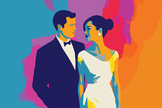 wedding couple pop art vector illustration, colorful art of a wedding couple