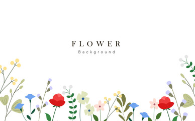 Spring floral art background vector. Botanical hand drawn flowers, leaves, petal plants. Blossom design illustration for wallpaper, banner, print, poster, cover, greeting and invitation