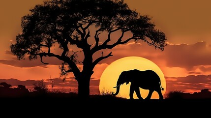 Fototapeta na wymiar Elephant and tree silhouette on sunset background, Generative AI