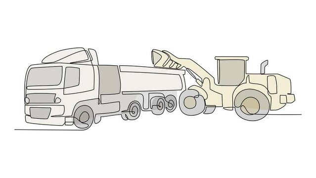 Animated self drawing of single continuous line draw for bulldozer in the site project industrial power plant. heavy equipment design in simple linear style. Power plant design concept animation.