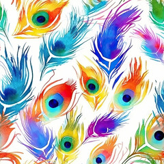 Peacock feathers watercolor seamless repeat pattern on white background [Generative AI]
