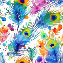 Fototapeta na wymiar Peacock feathers watercolor seamless repeat pattern on white background [Generative AI] 