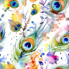 Peacock feathers watercolor seamless repeat pattern on white background [Generative AI]
